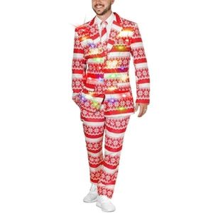 Life of the Party Men's Ugly 3-PC LED Light Up Christmas Suit Red White Holiday